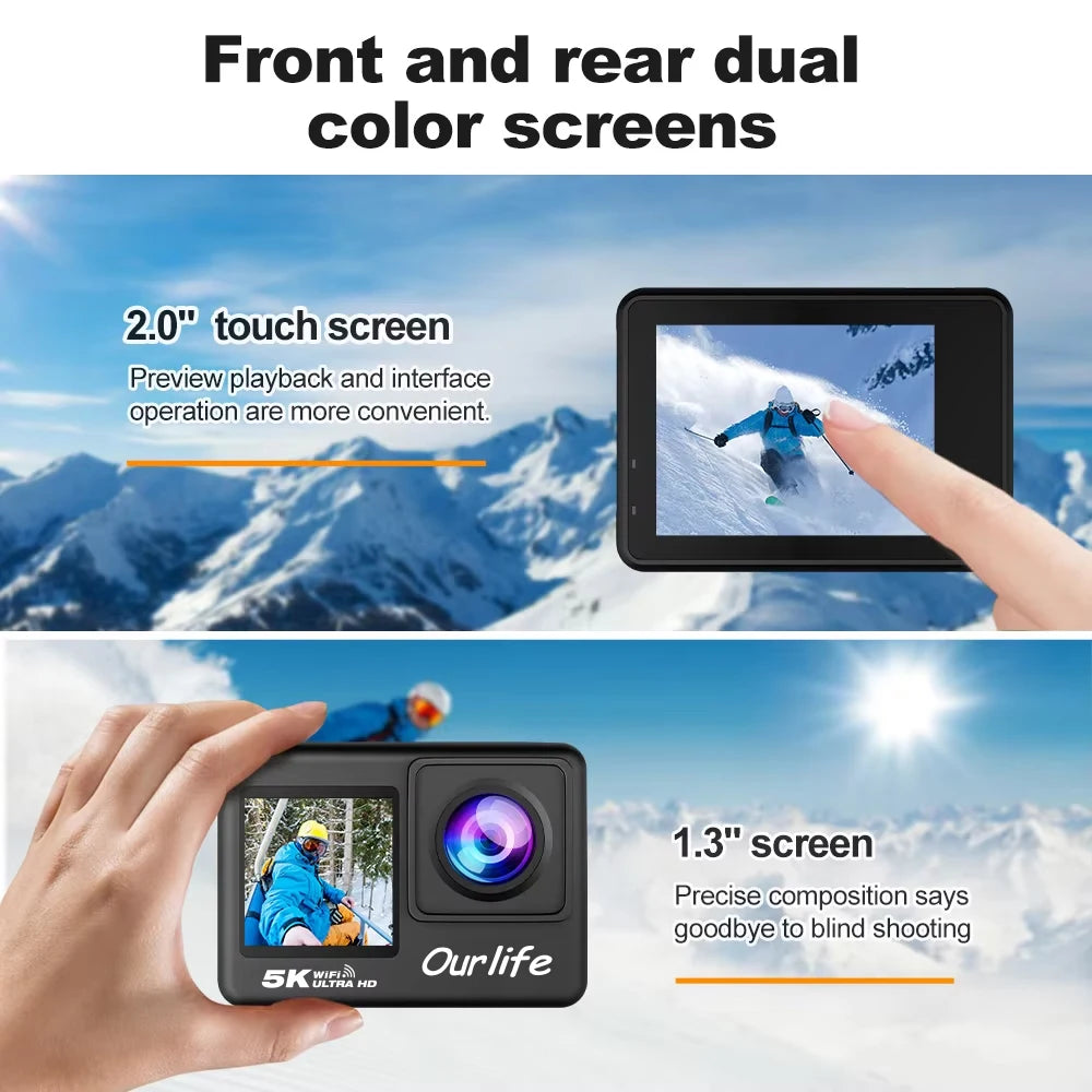 Ourlife 5K Action Camera 4K60FPS 2.0 Inch Touch Screen WiFi 170° Wide Angle 30M Waterproof Bicycle Motorcycles Sports Cameras
