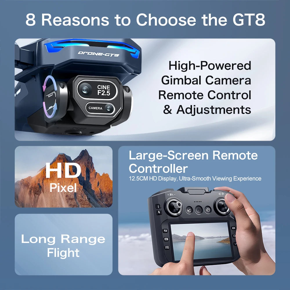 New GT8 Drone 8K Professional HD Dual Cameras Screen Remote 5G WIFI Brushless Motor Obstacle Avoidance Foldable Quadcopter Toys